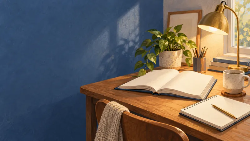 A tidy desk with an open reference book, a notebook, a small plant and a warm desk lamp