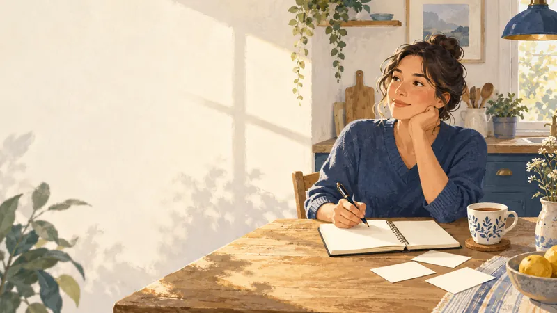 A person at a sunlit kitchen table writing questions in a notebook before a dental appointment