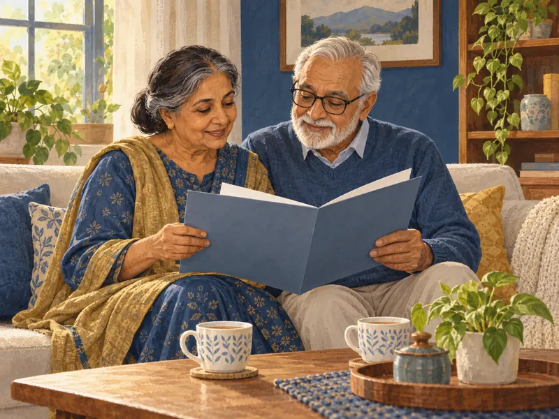 Two people on a sofa at home reading a treatment plan folder together