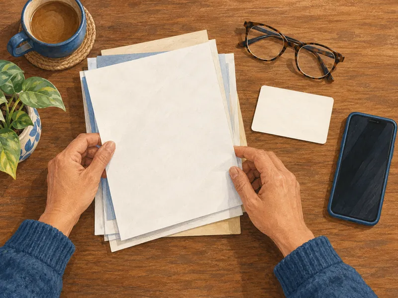 Hands sorting papers, a medication list card, reading glasses and a phone on a table