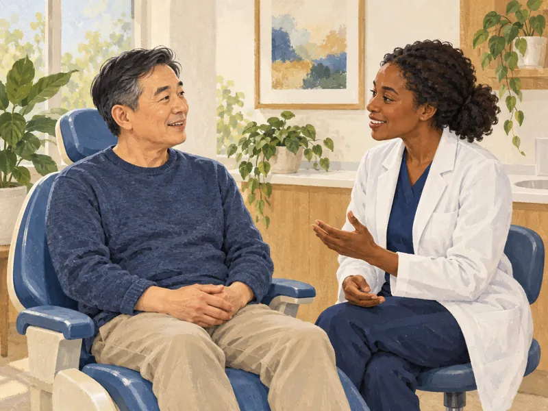 A patient sitting upright in a dental chair talking with a dentist seated beside them